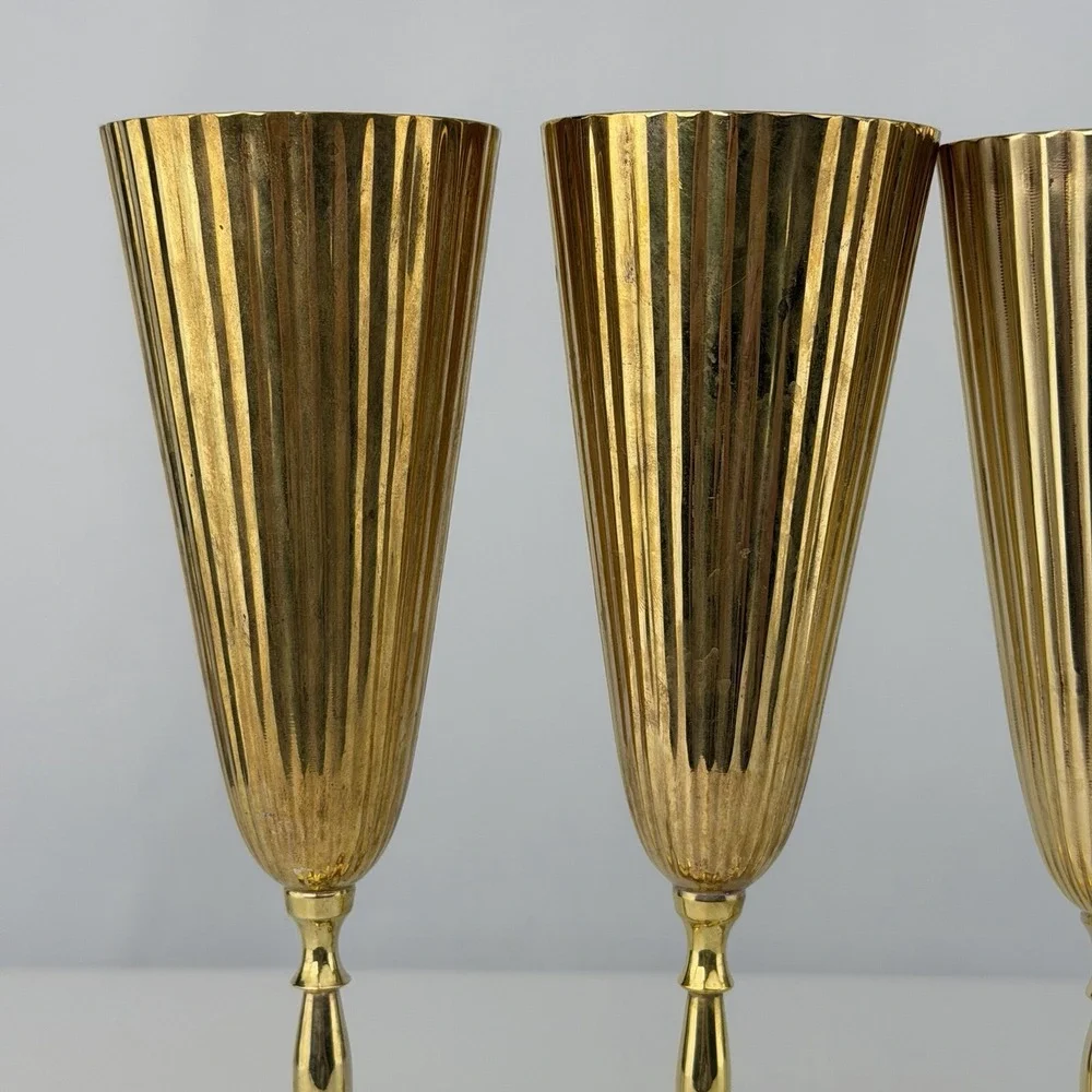 Vintage Brass Champagne Flutes Set of 4 Ribbed Fluted Goblets 9